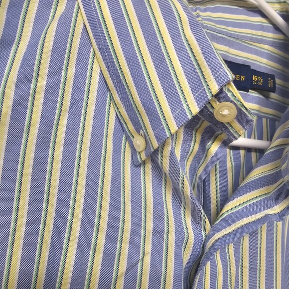 Ralph Lauren Blue Yellow Striped Button-Down Shirt Collegiate Preppy 16.5 - Picture 8 of 12